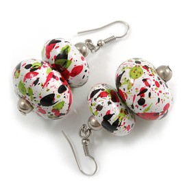 White/Red/Black/Green Colour Fusion Wooden Double Bead Drop Earrings - 55mm L