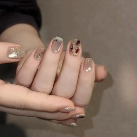 30pcs Short Coffin Press on Nails French Tip False Nails Gilded Cat Eye Fake Nails Deep Brown Dyeing Stick on Nails Removable Glue-on Acrylic Nail Tips Spring Summer Accessories for Women