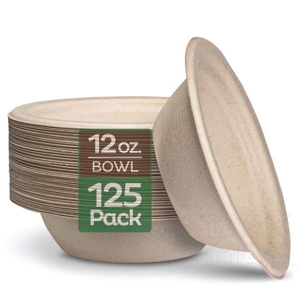 Paper Bowls, 100% Compostable Disposable Soup Bowl [125-Pack] - {PFAS-Free} - {BPI Certified} - [12 oz] Heavy Duty, Eco-Friendly, Biodegradable Bagasse Hot Food Plates and Bowls - Natural Brown