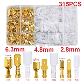 YJRUNFU Crimp Terminals, Set of 315, Universal Waterproof, Flat Terminals, Insulation Sleeves, Gold Male/Female Set, Connectors, Cars, Motorcycles, Speakers, Repair, Processing Connectors, Storage Case Included, 0.11 / 0.19 / 0.25 inches (2.8 / 4.8 / 6.3 mm)