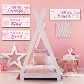 Pink Bow Room Decor Wood 4PCS Inspirational Wall Art Girls Bedroom Accessories Positive Quotes Girls Pink Wall Decor for Bathroom Bedroom Living Room