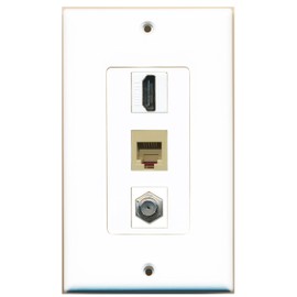 RiteAV - 1 Port HDMI 1 Port Coax Cable TV- F-Type and 1 Port Phone RJ11 RJ12 Beige Decorative Wall Plate - White