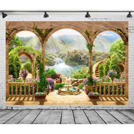 CORFOTO 8x6ft Fabric Beautiful Balcony Scenery Photography Background Arch Gate with Green Mountain Wonderful Garden Girls Birthday Princess Wedding Photo Studio Props
