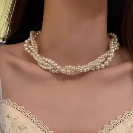 TseenYi Layered Pearl Choker Necklace Silver Pearl Necklace Big Pearl Beaded Necklace White Pearl Twisted Necklace Small Beads Pearl Strand Necklace Vintage Pearl Necklace Pearl Bridal Necklace