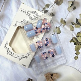 24Pcs Square Press on Nails Short Length Blue White Flower French Tip Fake Nails Blue Nails Artificial Coffin Nails Full Cover Acrylic Nails Reusable DIY Stick on Nails Set Glue on Nail for Women