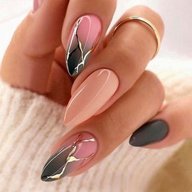 24Pcs Gold Foil Press on Nails Gradient Manicure Art Medium Almond Acrylic False Nails Stick on Nails with Lightning Design, Glossy Brown Ombre Fake Nails Gel Glue on Nails for Coquette Women Girls