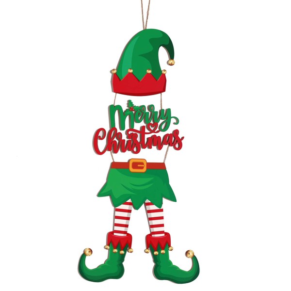Merry Christmas Hanging Sign Elf Winter Decorative Wall Signs Wood Elves Christmas Decorations Elf Legs Hat Christmas Wall Decor Farmhouse Wall Pediments Wooden Door Sign for Home Outdoor Indoor Xmas