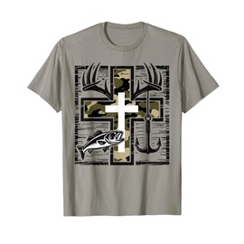 Faith Fishing Hunting Camo Cross with Hook Bass Christian T-Shirt