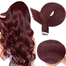 Full Shine Tape in Hair Extensions 20 Inch Tape in Human Hair Tape in Extensions Color 99J Burgundy Hair Extensions 50 Grams 20 Pieces PU Glue ins