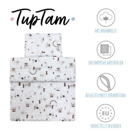 TupTam Children's Patterned Duvet Set, All-Year Duvet, Pillow, Flat Pillow, 2 Pieces, Colour: Tractors/Rainbows/Beige, Size: 135 x 100 cm
