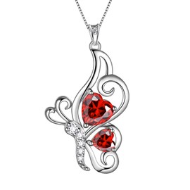 Red Butterfly Heart Necklace Women 925 Sterling Silver Animal Butterflies January Created Garnet Birthstone Garnet Pendant Crystal Wedding Birthday Jewelry DP0307J