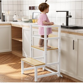 INNOD Kitchen Step Stool for Toddlers, Height Adjustable Toddler Tower with Safety Rail, Steel and Wood Toddler Kitchen Stool Helper Kids, Stool for Kids, Learning Tower, Kids' Desk Wood White