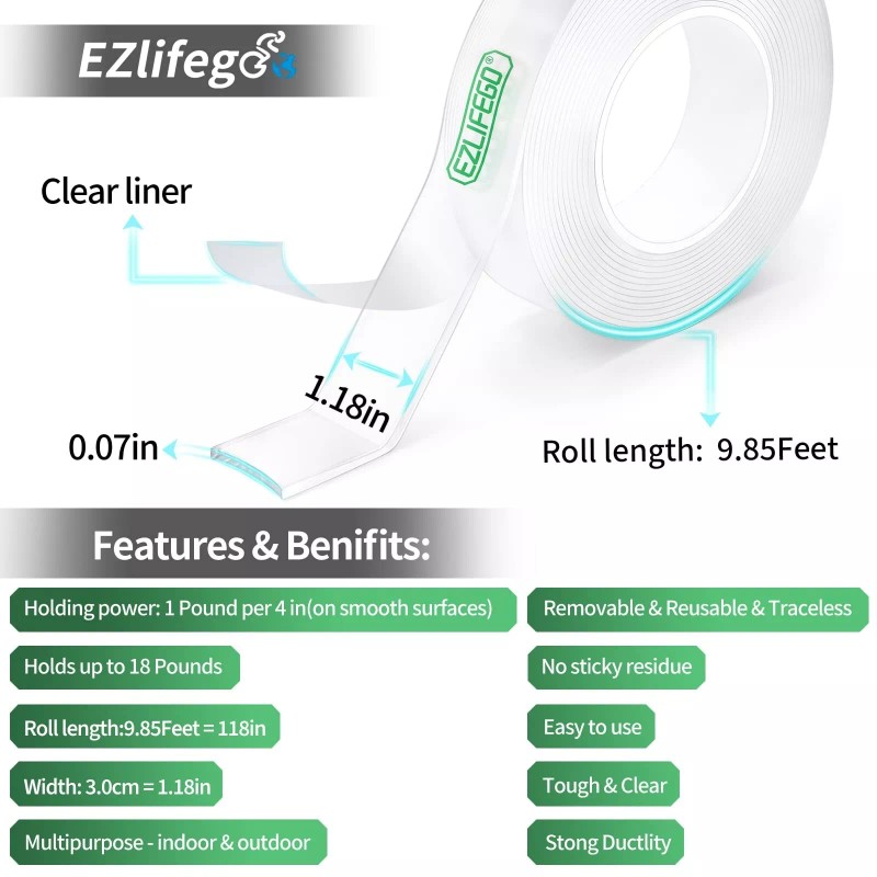 EZlifego Double Sided Tape Heavy Duty, Extra Large Nano Double