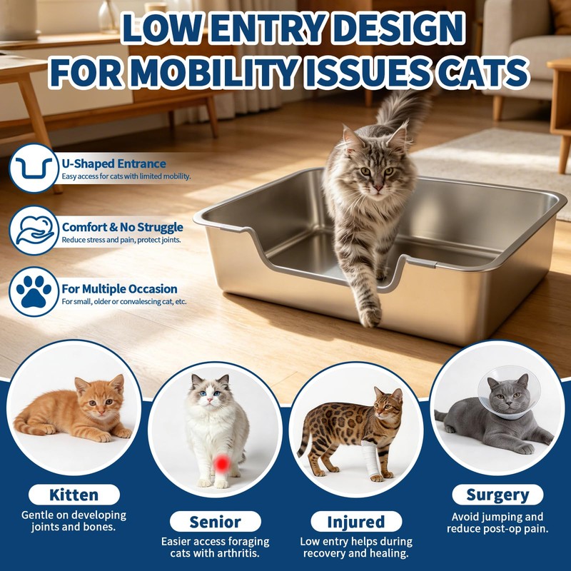 FHTONGE Low Entry Thickened Stainless Steel Cat Litter Box, 23.6x15.8