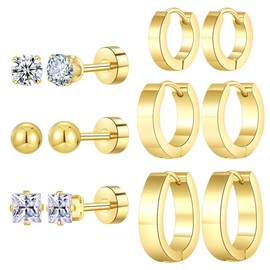 6 Pairs Stainless Steel Gold Flat Back Studs Hoop Earrings for Women Hypoallergenic Small Huggie Earrings Lightweight Flatback Stud Hoop Cartilage Earring Set for Multiple Piercing