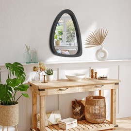Wooden Asymmetrical Wall Mirror Black Irregular Oval Wood Unique Shaped Decorative Hanging Mirrors for Vanity Living Room Bathroom Bedroom Entryway Modern Artistic