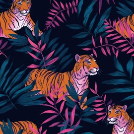 ILHIIOR Tiger Wallpaper Boho Peel and Stick Wallpaper Leaf Vintage Contact Paper Boho Blue Floral Wall Paper Removable Wallcovering Self Adhesive for Cabinet Drawers Wall Decor 17.5''x393''