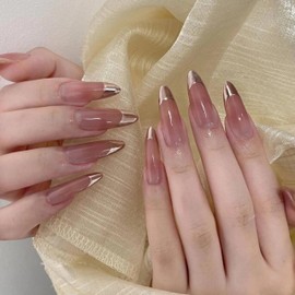 Lurenia • Lxssie Handmade French Press On Nails Set - Reusable Nail Art with Nude Pink Ombre Metallic Finish - Perfect for Women (MIDIUM-Metallic Nude Pink, )