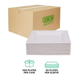 ECO PRODUCTS Compostable Vanguard 8" Square Paper Plates, Case of 500, Disposable White Molded Fiber, Tree-Free, Stronger Than Paper & Styrofoam, No-Added PFAS, ASTM Compliant, BPI-Certified