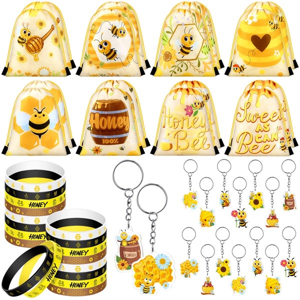 48 Pcs Bee Party Favors Set Includes 16 Honey Bee Party Drawstring Bags Bee Goodie Bags 16 Bee Wristband Rubber Bracelet Bee Sunflower Keychain for Spring Summer Camp Birthday Party Supplies