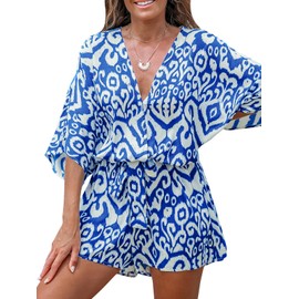 CUPSHE Summer Romper for Women 2024 V Neck Lace Up Abstract Printed Belted Half Sleeves Mini Jumpsuits Wide leg Outfit Blue Abstract, XL