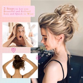 Hairpiece with Elastic Band, Large Bun Hairpiece, Curly Hair Scrunchie, Hair Updo Hair Extensions, Messy Bun Hairpieces with Braids, Bridal Hairstyles, Voluminous, Curly, Messy Bun, 45 g, Flax Brown