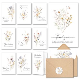 AUDREE 20 Pcs Funeral Thank You Cards with Envelopes Message Inside and Matching Stickers - Bulk 4×6 Watercolor Boho Wildflower Bereavement Thank You Cards For Funeral