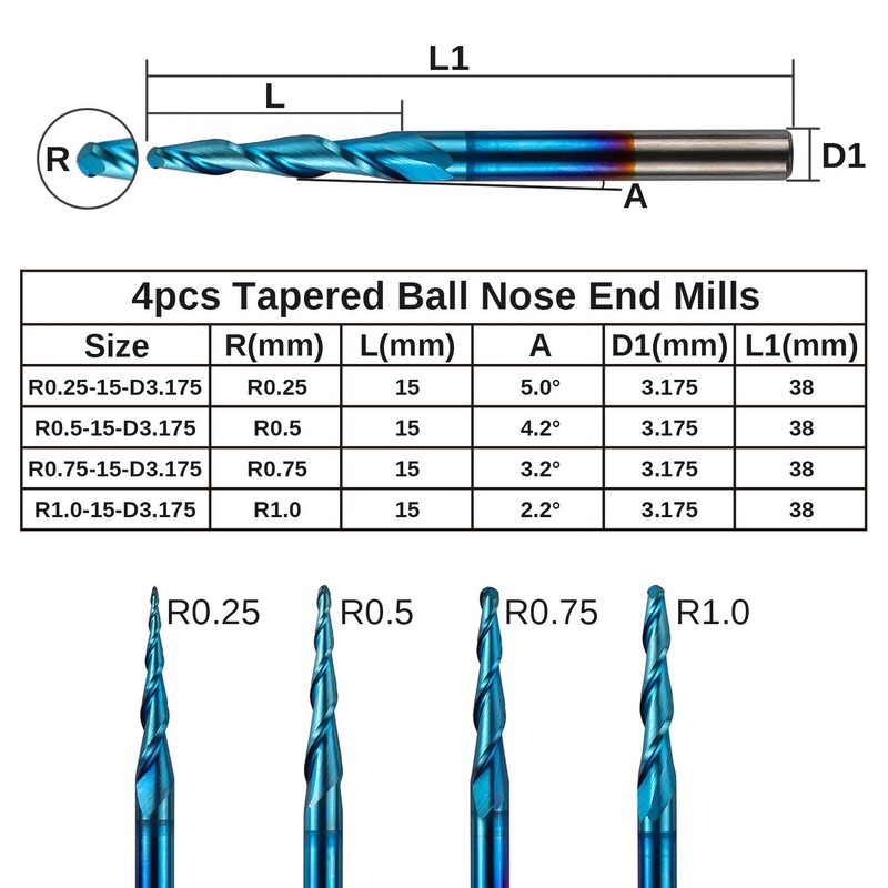 Genmitsu 4pcs 2-Flute Tapered Ball Nose End Mills Tungsten Carbide