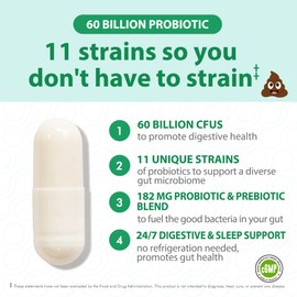 Probiotics 60 Billion CFUs, 11 Diverse Strains, Natural Prebiotics for Immune, Digestive and Gut Health Supports Occasional Constipation, Diarrhea, Gas & Bloating for Women & Men 30/60 Count (60)