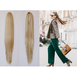 CiCiCa-“PT04”, Synthetic Ponytail Extension with Jaw/Claw Clip and Drawstring, 26 Inches Long Straight Drawstring Ponytail, Mixed Beach Blonde and Sandy Blonde Clip in Ponytail Hair extensions, YAKI Texture, Premium Synthetic Heat Resistant Hair Extensio