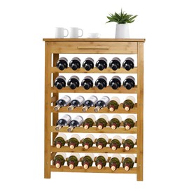 Kinbor 6-Tier Bamboo Wine Rack with Drawer, Standing Storage Rack with 36 Bottles Holder for Bar, Wine Cellar, Basement, Cabinet, Pantry, Kitchen