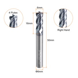 HARFINGTON 5pcs Carbide Square Nose End Mill Bit 6mm Cut Dia 4 Flutes TiAlN Coated Milling Cutter for Hardened Steel Metal (6mm Shank 16mm Cut Length 50mm Long 45 Degree HRC53-55)