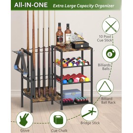 Tikimilor Pool Stick Holder for 10 Cue Sticks, Pool Cue Rack Floor Stand with 4-Tier Storage Shelf for Billiard Accessories, Billiard Equipment Organizer for Game Room Club or Men Cave, Black