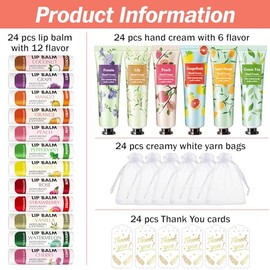AZEN 24 juegos de regalos a granel, crema de manos y bálsamo labial a granel con bolsa de organza, tarjeta de agradecimiento, regalos para baby shower