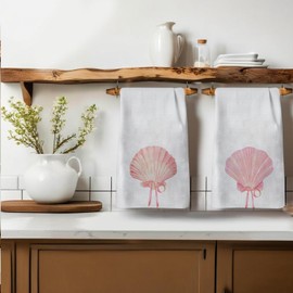 Qabliqo Coquette Pink Sea Shell Beach Towels Set of 2, 16x24 Inch, Cotton, Modern, Casual