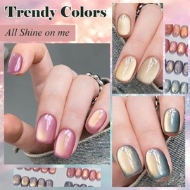 MEET ACROSS 9Pcs Cat Eye Gel Nail Polish Set 6 Colors Nude Pink Blue Green Jelly Cateye Gel Polish with Magnet, UV/LED Curing Require Nail Polish Home Salon DIY at Home