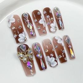 Brown Gradient Press on Nails Long Coffin Fake Nails Handmade Press on Nails 3D Luxury Colorful Rhinestone Designs Embossed Butterfly White Flower False Nails Bling Acrylic Nails for Women (Size S)