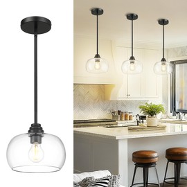 AUTELO Black Pendant Lights Kitchen Island, 1-Light Pendant Lights in Black Finish with Clear Glass, Modern Pendant Light Fixtures, Hanging Lamp for Kitchen Island H9385 BK-R