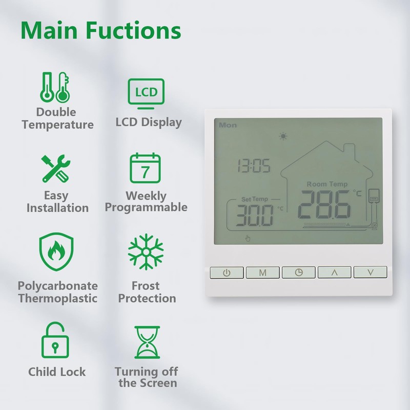 Wengart Digital Thermostat WG903, Programmable, Suitable for Water/Gas Boiler 3A,