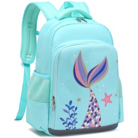 JIANYA Girls Backpack for School Kids Mermaid School Bags Girl‘s Kindergarten Backpacks with Lunch Box & Chest Strap, Light Blue