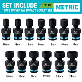 DURATECH 1/2" Drive Impact Swivel Socket Set, 13-Piece Shallow Wobble Sockets, Universal Joint Socket Set Metric, Cr-Mo Steel, 6 Point, Organized in Sturdy Storage Case(10-24mm)