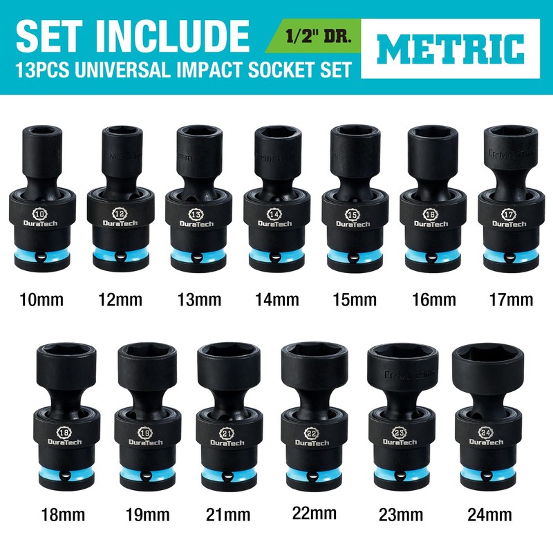 DURATECH 1/2" Drive Impact Swivel Socket Set, 13-Piece Shallow Wobble