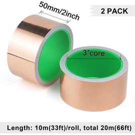 BOMEI PACK 2 Rolls Copper Foil Tape Copper Tape Away Slugs Snails From Palnts,50mm x 10m Craft DIY Shaping Lines,Guitar Shielding,Photo Frames Decoration Repairs,Paper Circuits
