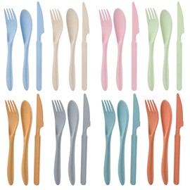 Juego de cuchillos, cucharas y tenedores, juego de cubiertos de paja de trigo, juego de cubiertos reutilizables para 8, utensilios para fiestas, viajes, trabajo, picnic, camping o uso diario