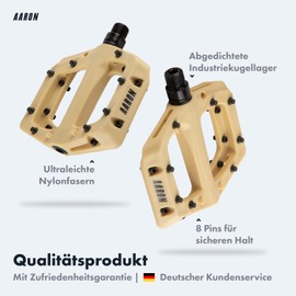 AARON Dirt MTB Plastic Pedals with Sealed Industrial Ball Bearings, Non-Slip with 8 Interchangeable Pins, Platform Bike Pedals for Dirt Bike, E-Bike, Downhill, Trekking, beige