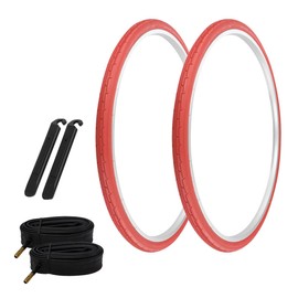 PRO+ Pair of Bicycle TIRE 700 X 35 Red/Red SIDEWALL (2) Tires W/Tubes 48MM Schrader Valve TIRE LEVERS P-1180