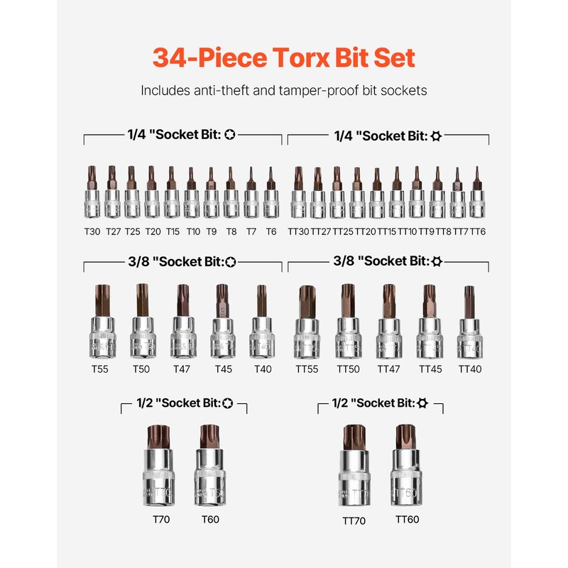 VEVOR Torx Bit Socket Set, 34-Piece Solid Star and Tamper