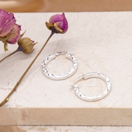 Tuscany Silver Women's Sterling Silver 26 mm Diamond Cut Satin Hoop Earrings