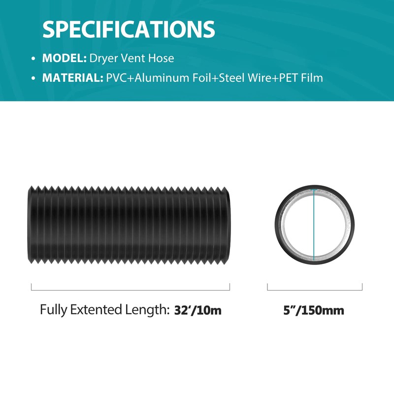 HG Power 5 Inch Air Ducting, 32 Feet Flexible Aluminum