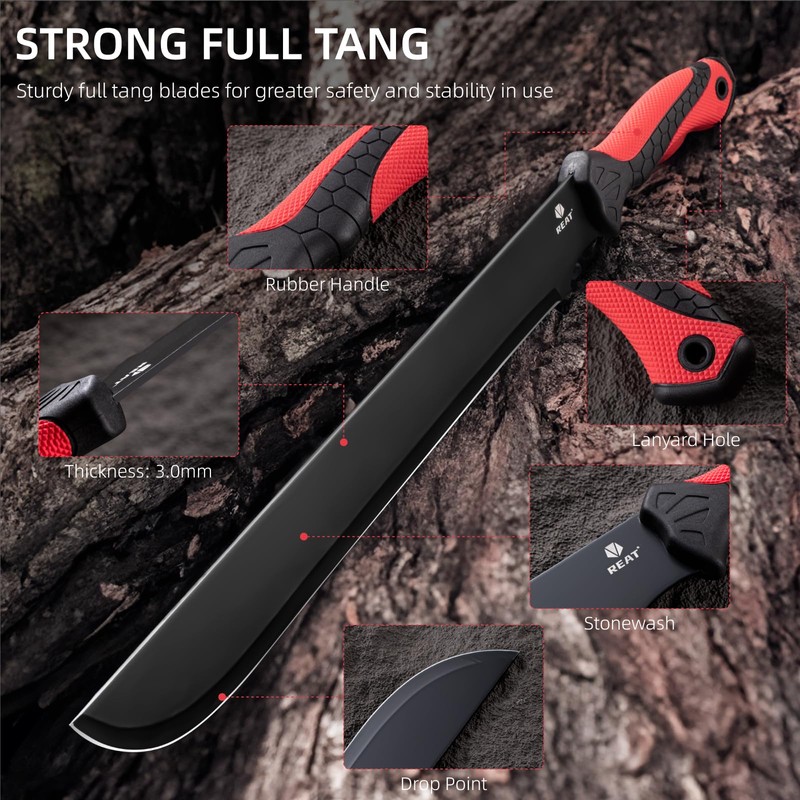 REAT Gardening Heavy Duty Machete,24" Full Tang Machete with Shaeth,Ergonomic
